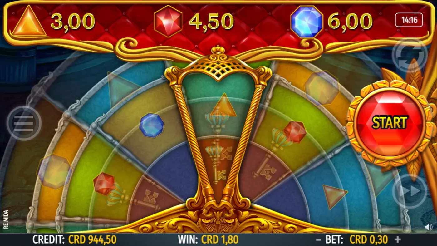 La ruota del bonus di Re Mida in movimento, con gli spicchi delle gemme e delle chiavi sfocati