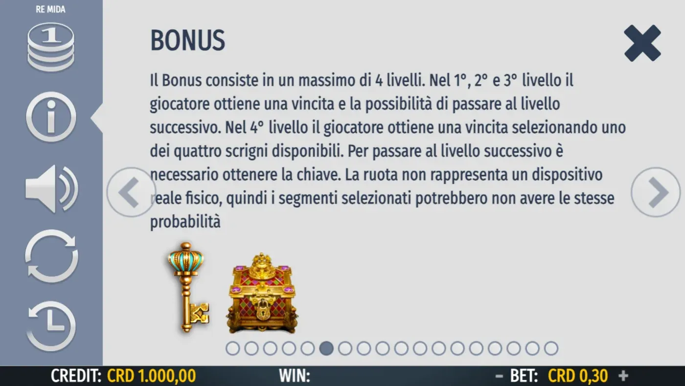 La scheda del gioco bonus a quattro livelli nel pannello informazioni di Re Mida