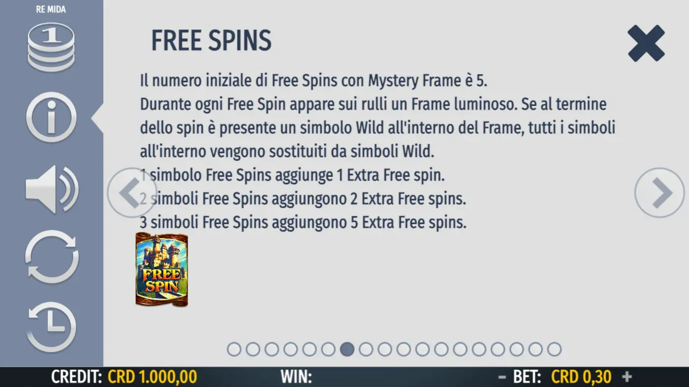 La scheda dei giri gratis con Mystery Frame nel pannello informazioni di Re Mida