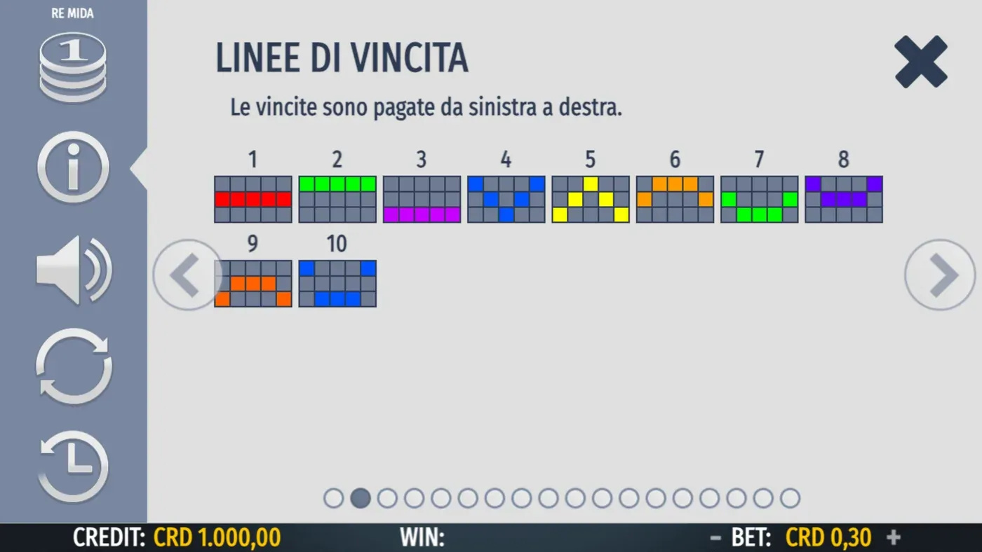 Le dieci linee di vincita di Re Mida disegnate nel pannello informazioni del gioco