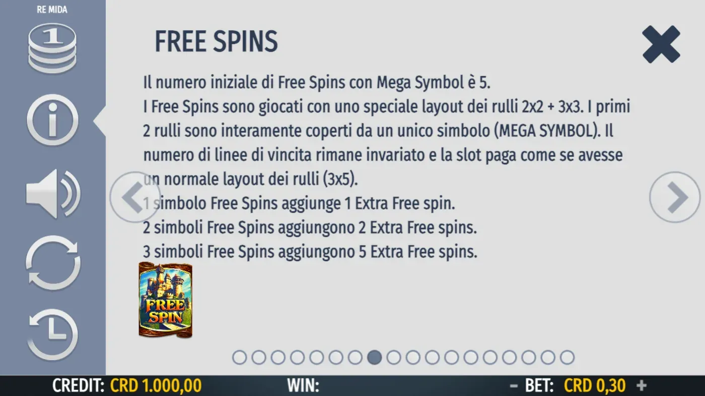 La scheda dei giri gratis con Mega Symbol nel pannello informazioni di Re Mida