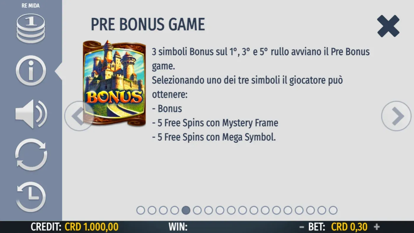 La scheda del Pre Bonus game nel pannello informazioni di Re Mida